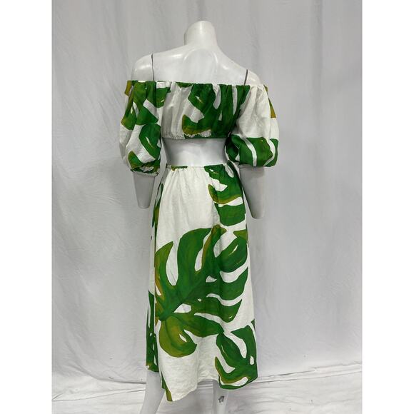 Farm Rio 'Monstera' White Linen Knot Midi Dress Size XS - Picture 3 of 5